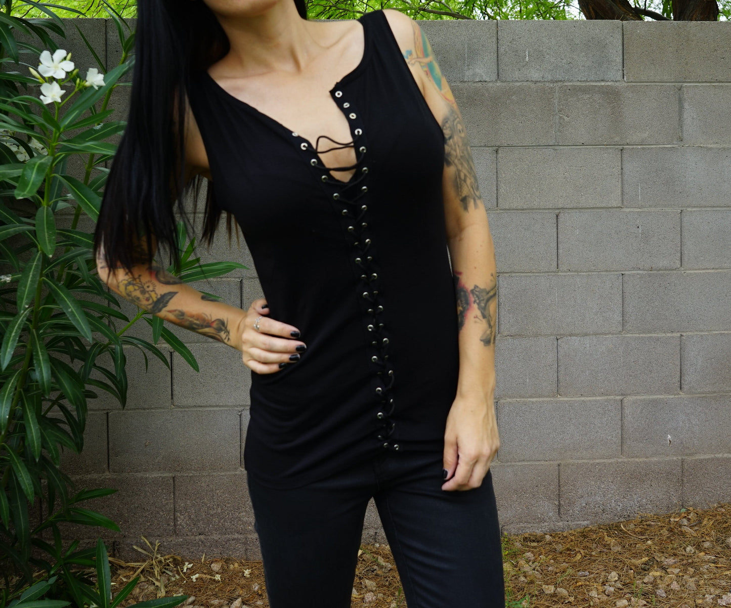 Olivia Paige Clothing -Front Eyelet  lace up tank top summer lacing