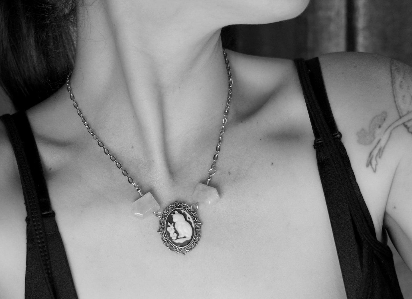 Cameo Cat Rose Quartz Necklace: Silver Skeleton Gemstone Jewelry