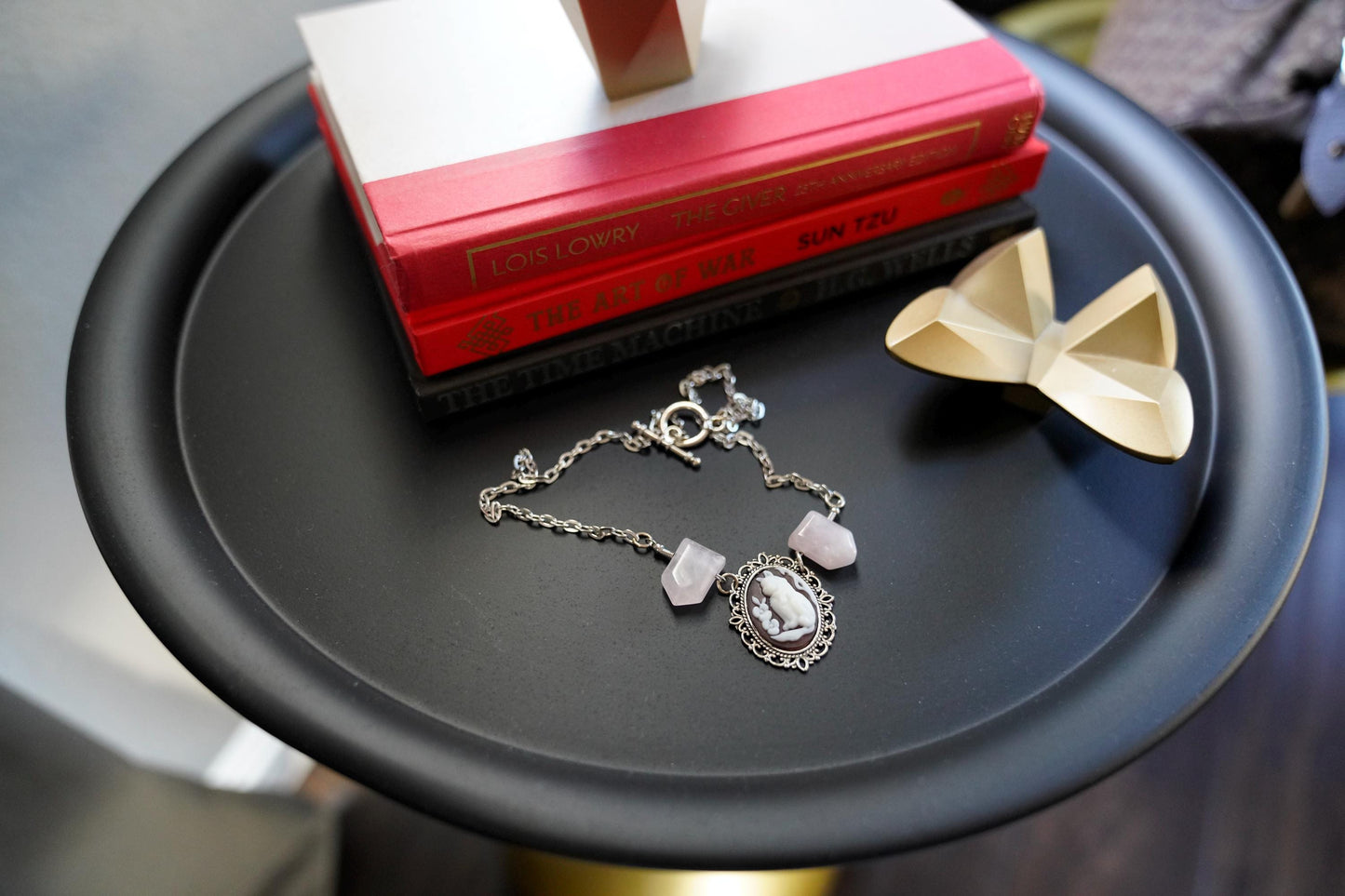Cameo Cat Rose Quartz Necklace: Silver Skeleton Gemstone Jewelry