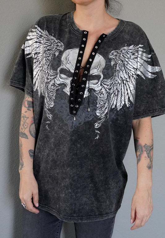 Olivia Paige -  Oversized Skull Wings concert Tee shirt with front lace up