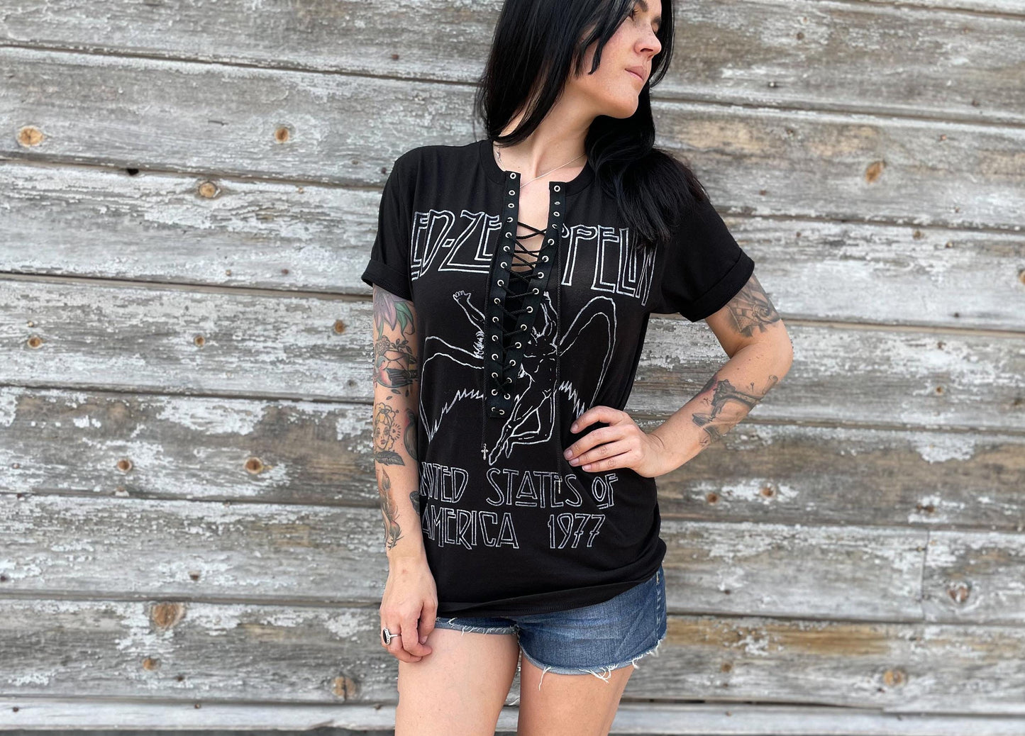 Led Zeppelin Lace-Up Band Tee: Upcycled Concert T-Shirt