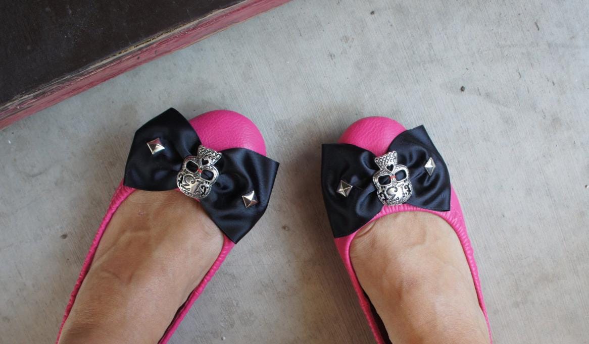 Sugar Skull Shoe Clips: Satin Bow Rockabilly Pin Up