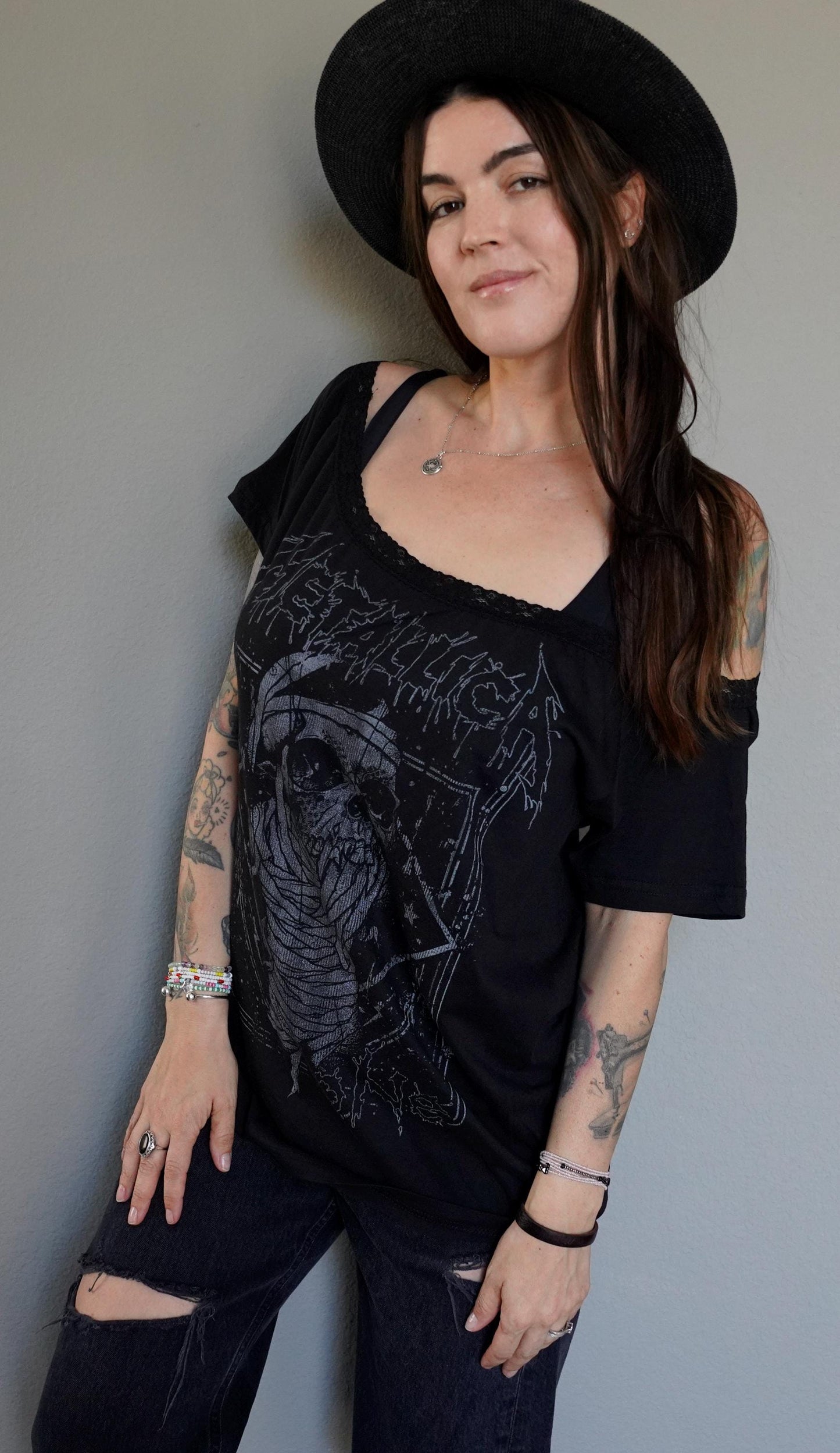 Lace-Up Metallica Band Tee: Upcycled Concert Shirt