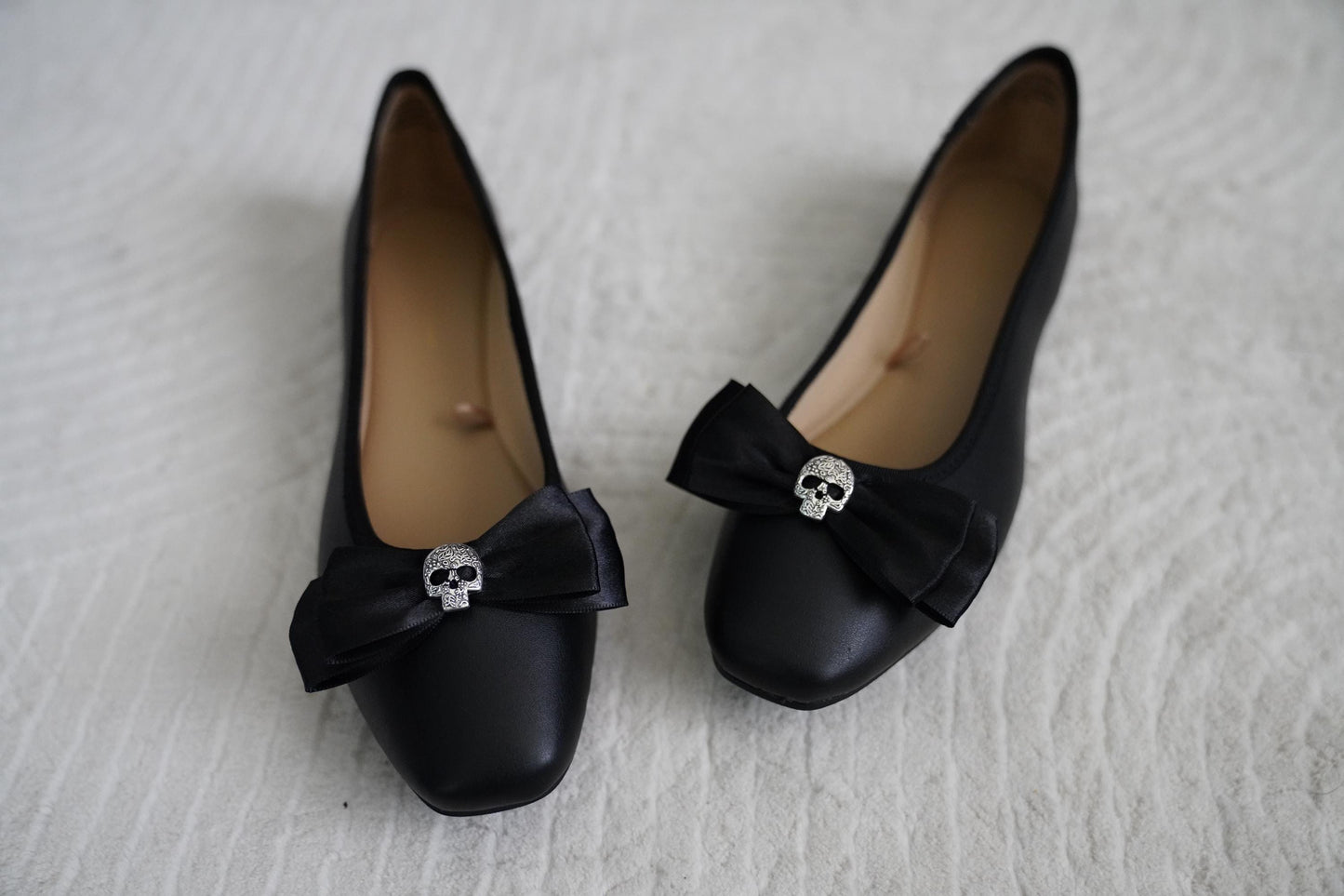 Olivia Paige -Black Rockabilly flats with silver sugar skull bows  skeleton shoes