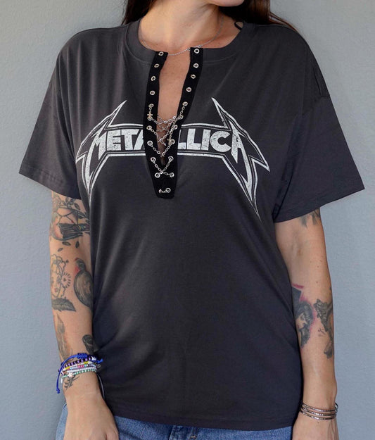 Lace-Up Metallica Concert Tee: Upcycled Band Shirt