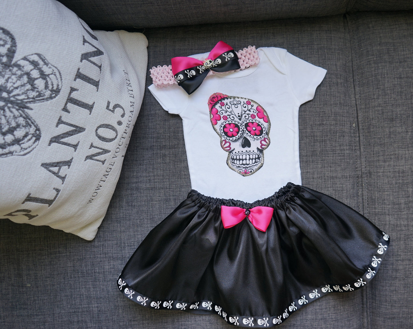 Olivia Paige - Little sugar skull rockabilly punk rock outfit bodysuit with skirt headband bow