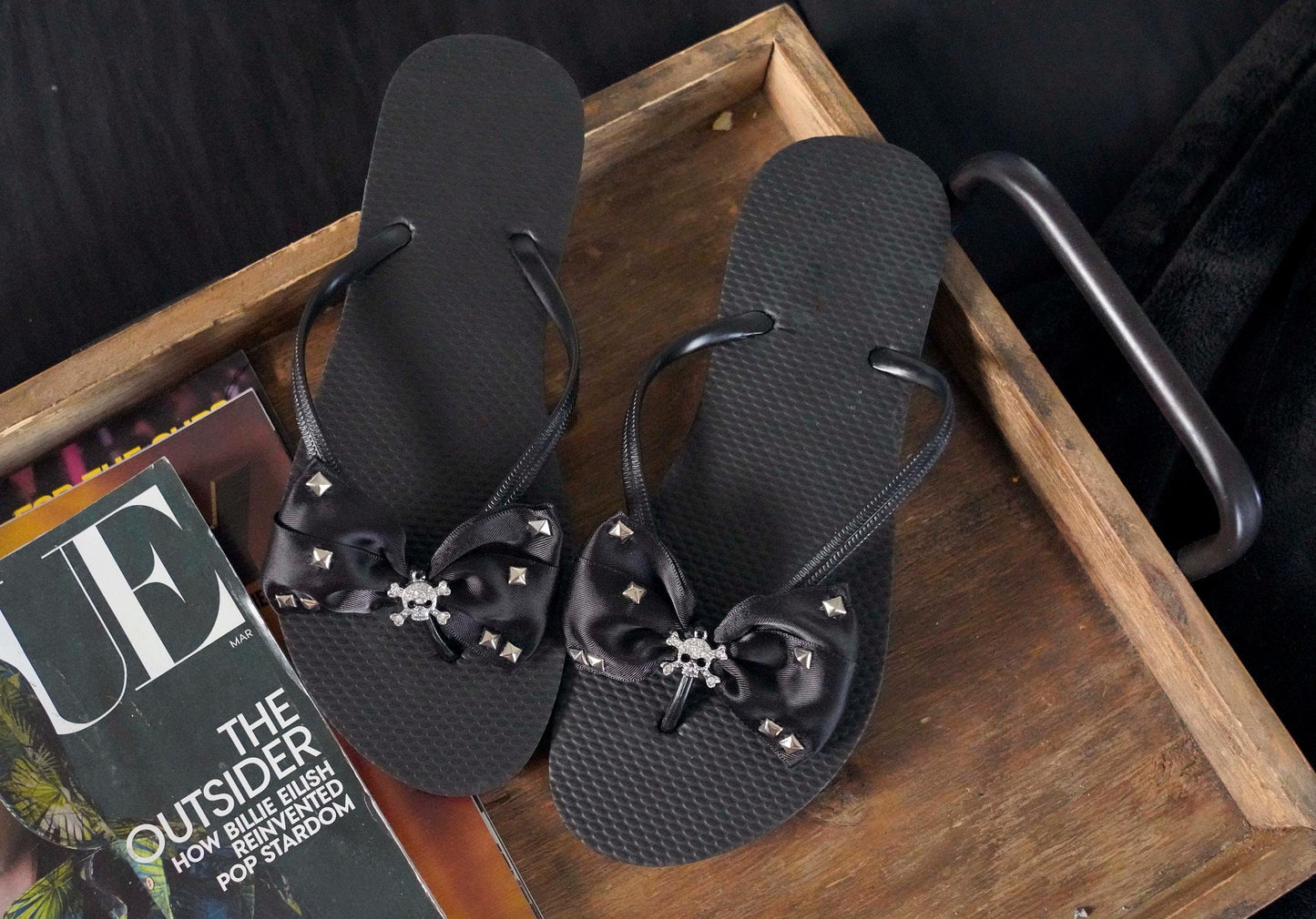 Black Rhinestone Skull Flip Flops: Rockabilly Satin Bow Sandals