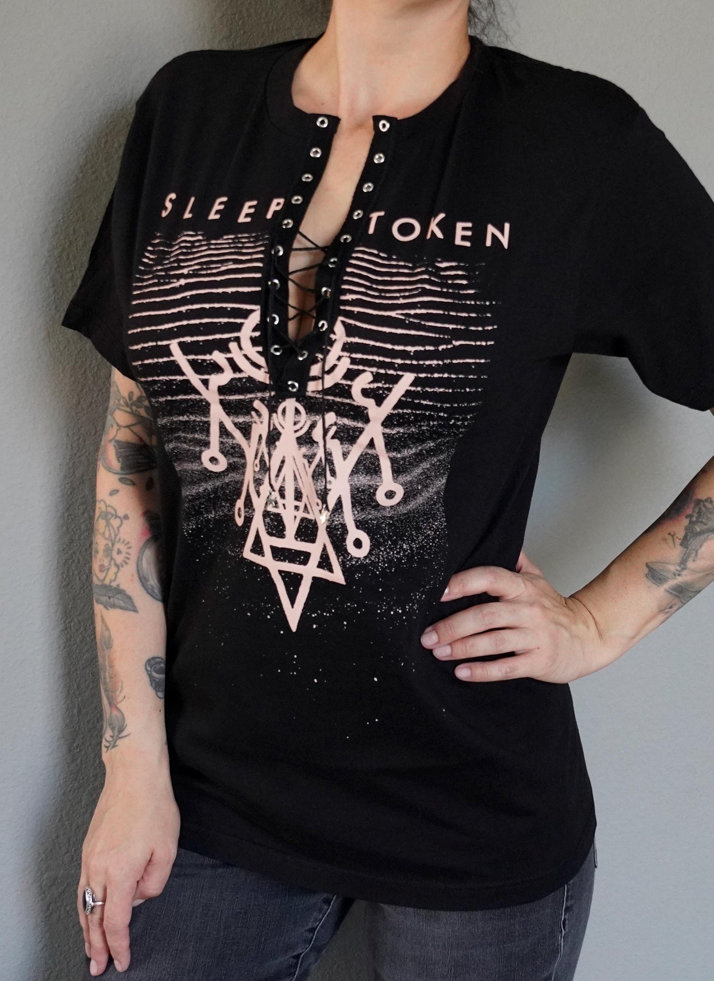 Lace-Up Sleep Token Band Tee: Upcycled Concert Shirt