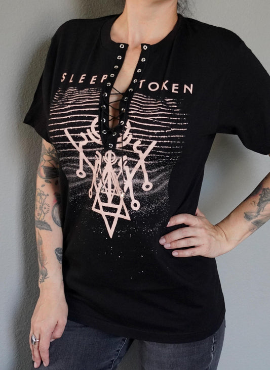 Lace-Up Sleep Token Band Tee: Upcycled Concert Shirt