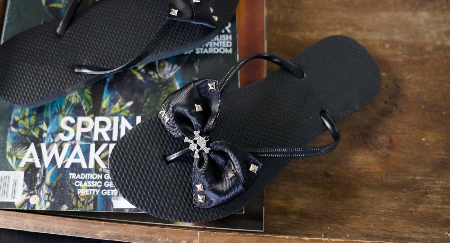Black Rhinestone Skull Flip Flops: Rockabilly Satin Bow Sandals
