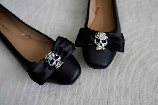 Olivia Paige -Black Rockabilly flats with sugar skull bows skull13 skeleton shoes
