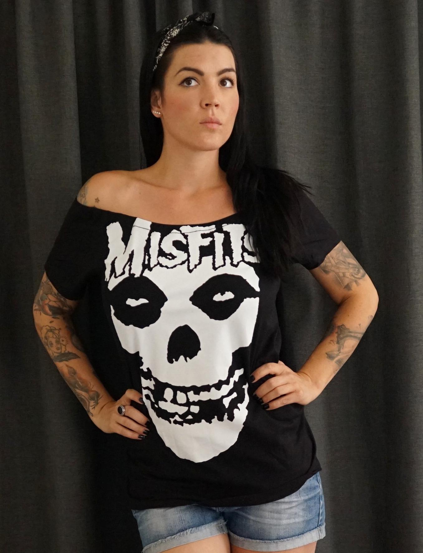 Misfits Lace-Up Concert Tee: Upcycled Band Shirt, Shoulder Cutout