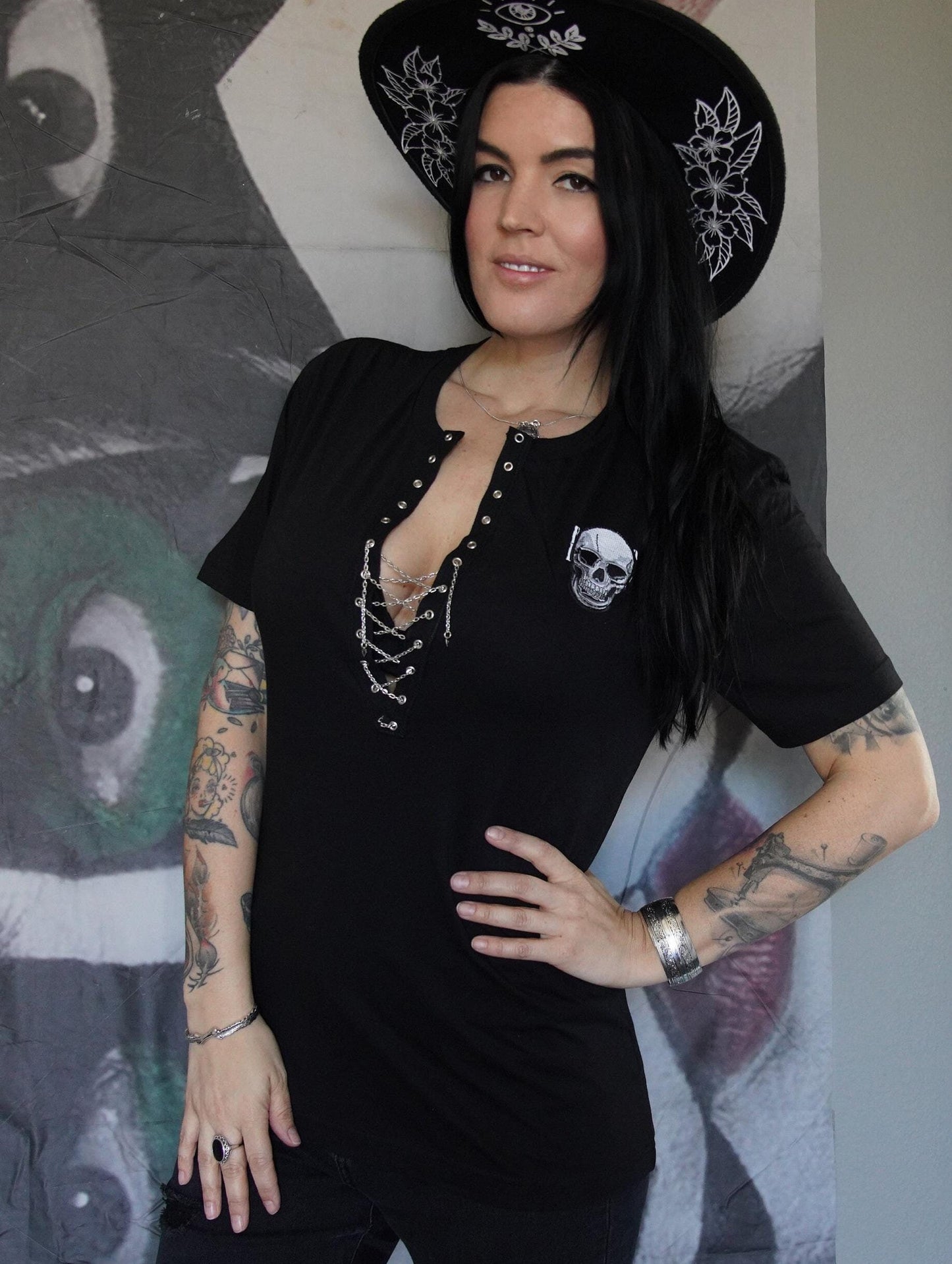 Olivia Paige - Black Skull Shirt Tee T-shirt v-neck with grommets chain lace up