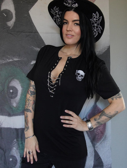Olivia Paige - Black Skull Shirt Tee T-shirt v-neck with grommets chain lace up