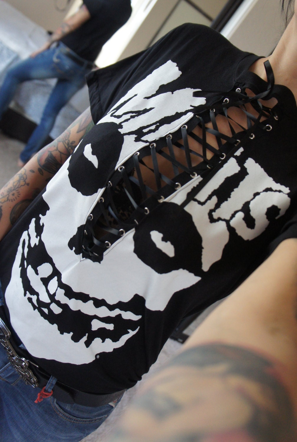 Handmade Misfits Lace-Up Band Tee: Upcycled Gothic Top