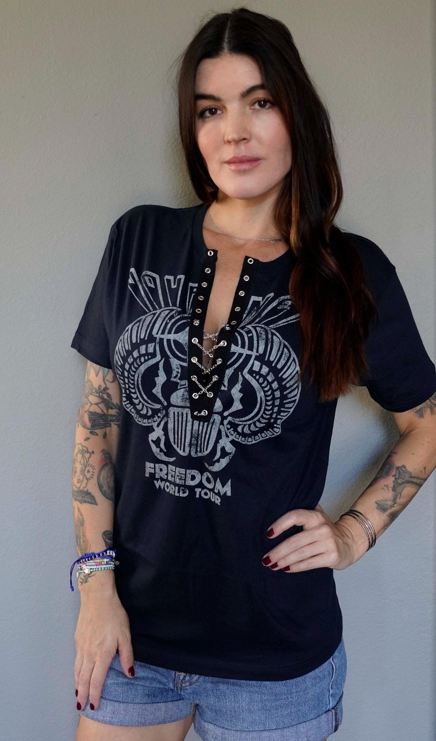 Lace-Up Journey Band Tee: Reworked Concert T-Shirt