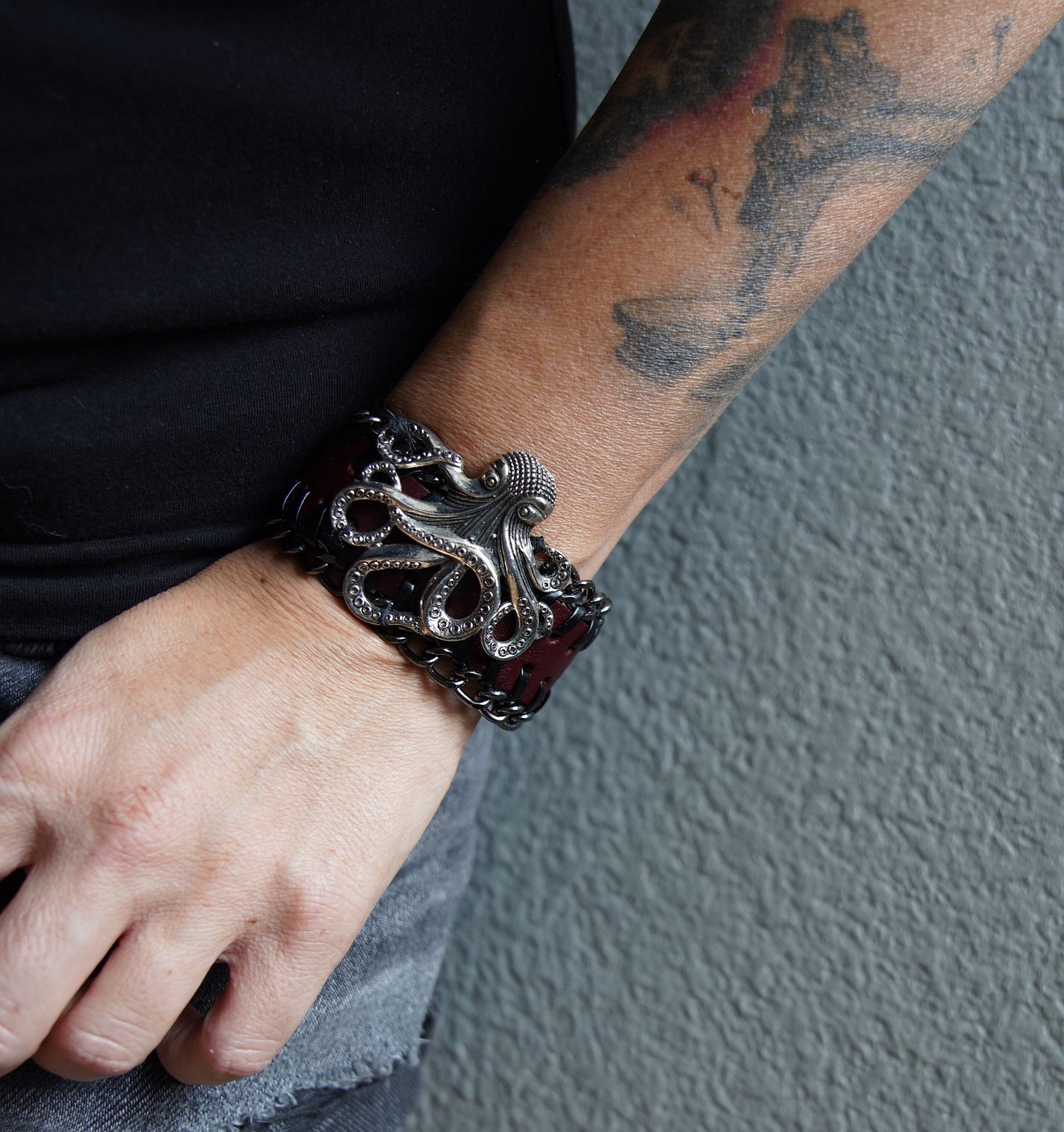Olivia Paige -Leather Silver Rockabilly octopus bracelet with anchor