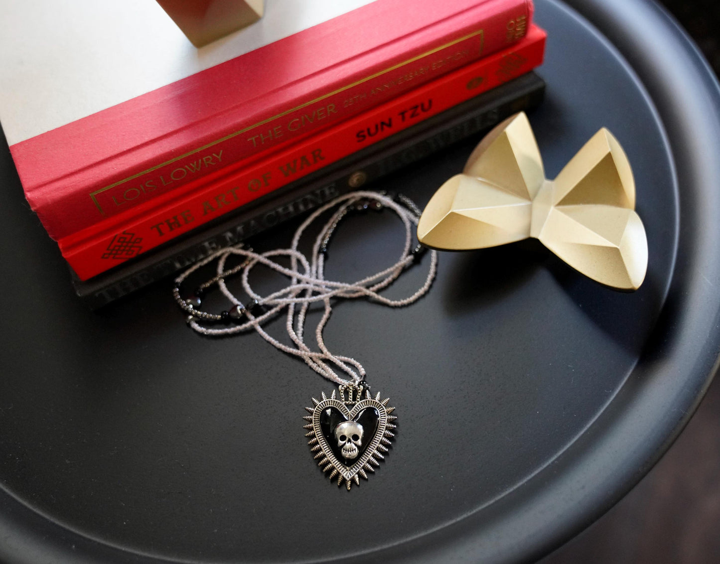 Olivia Paige -Silver Pin up rockabilly Heart Skull Skeleton necklace with Beads