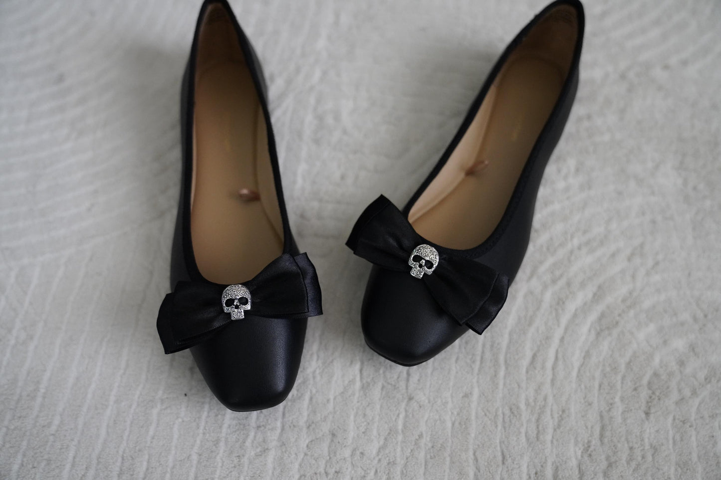 Olivia Paige -Black Rockabilly flats with silver sugar skull bows  skeleton shoes