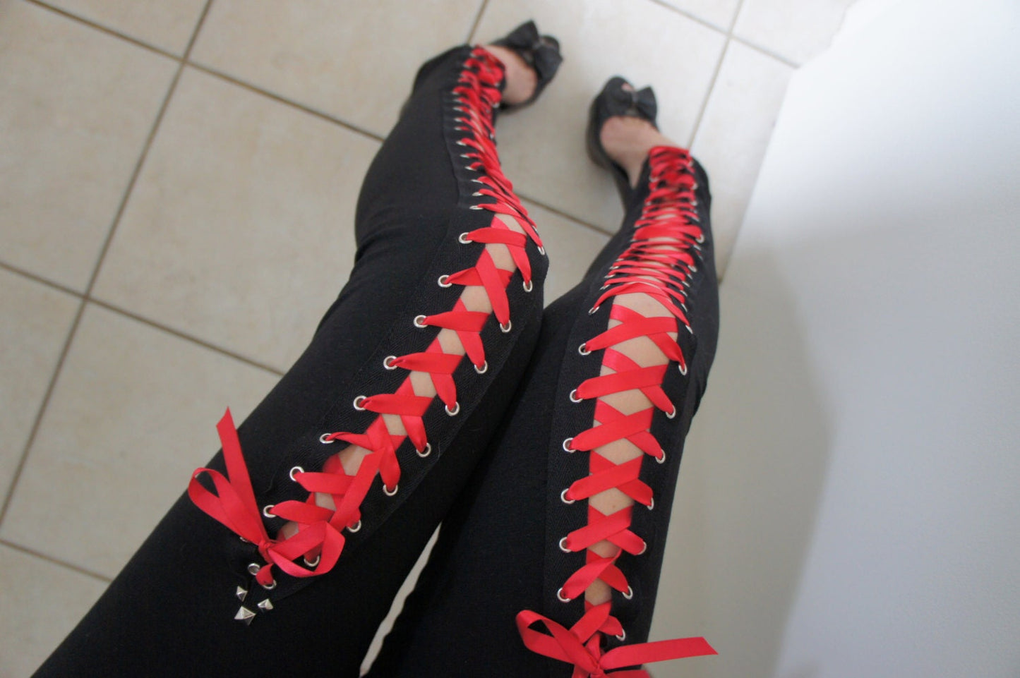 Olivia Paige -Punk rock Leggings with red ribbon Lace Up studs