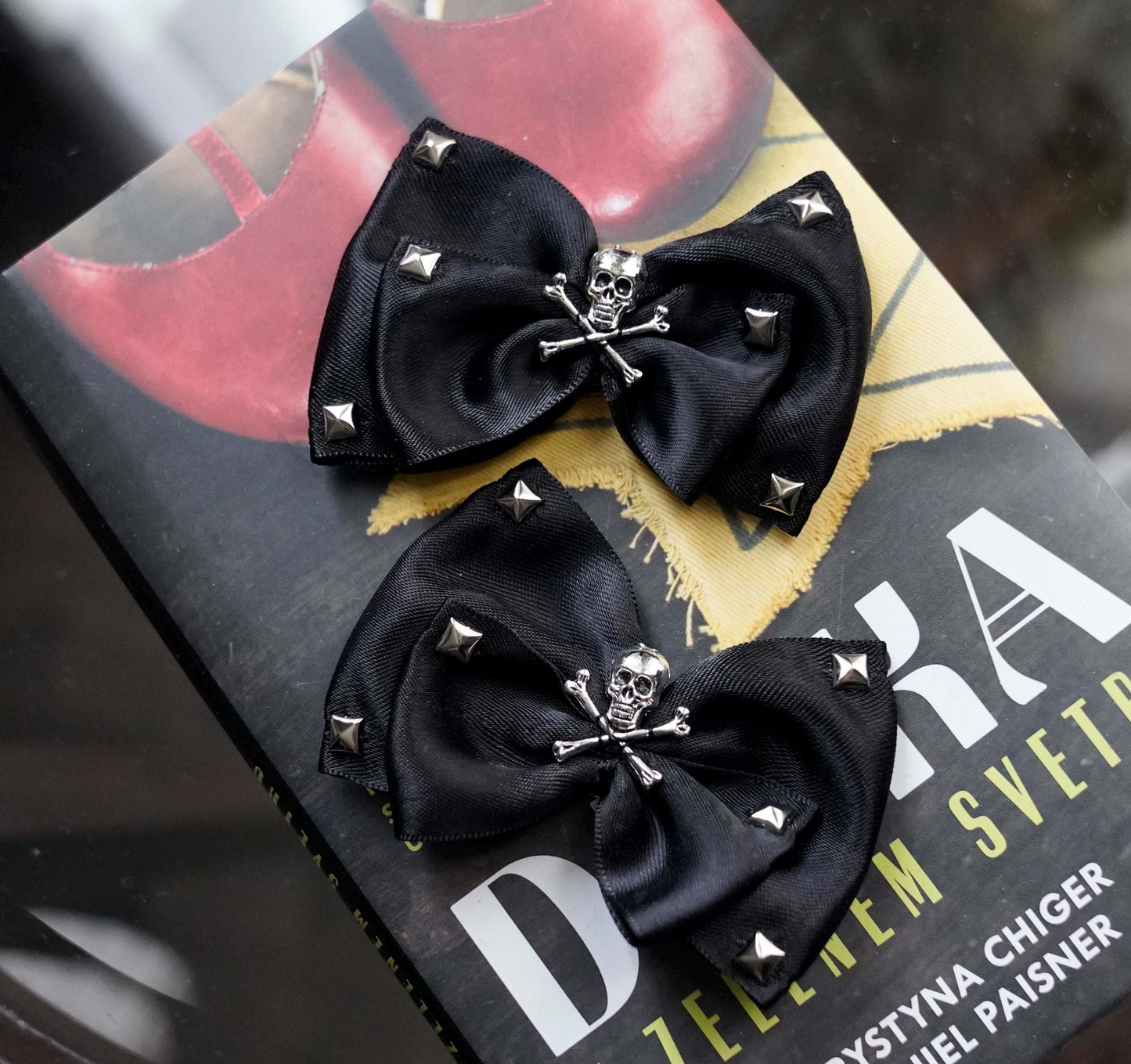 Black Satin Bow Shoe Clips: Sugar Skull Studded Punk Rock