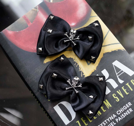 Black Satin Bow Shoe Clips: Sugar Skull Studded Punk Rock