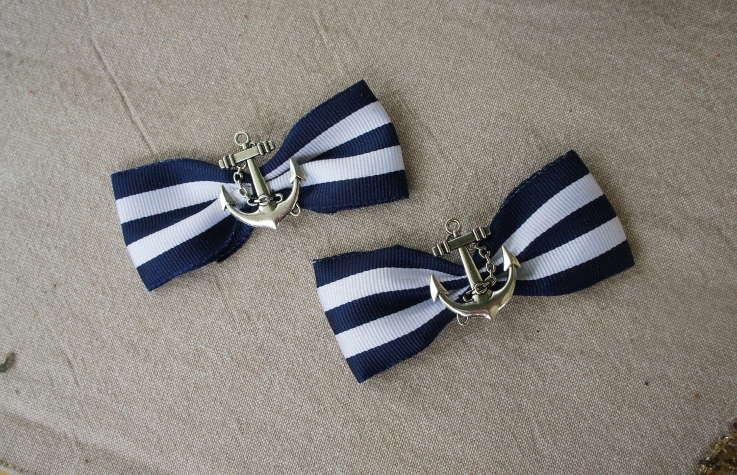 Olivia Paige - Rockabilly Navy Anchor Stripes Bows  shoe Clips  Pin up