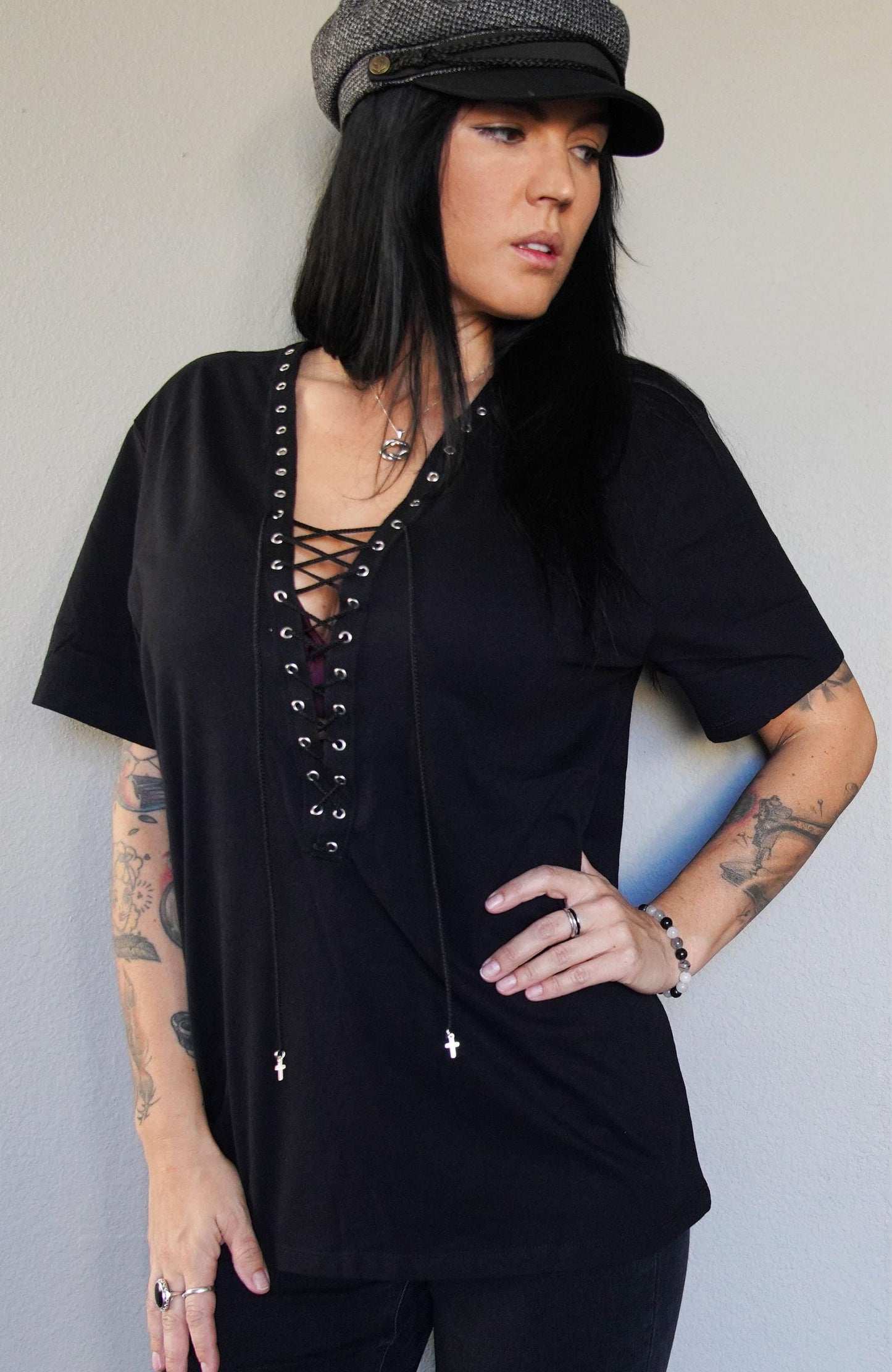 Olivia Paige -Black Front Tee Shirt Grommets Lace up