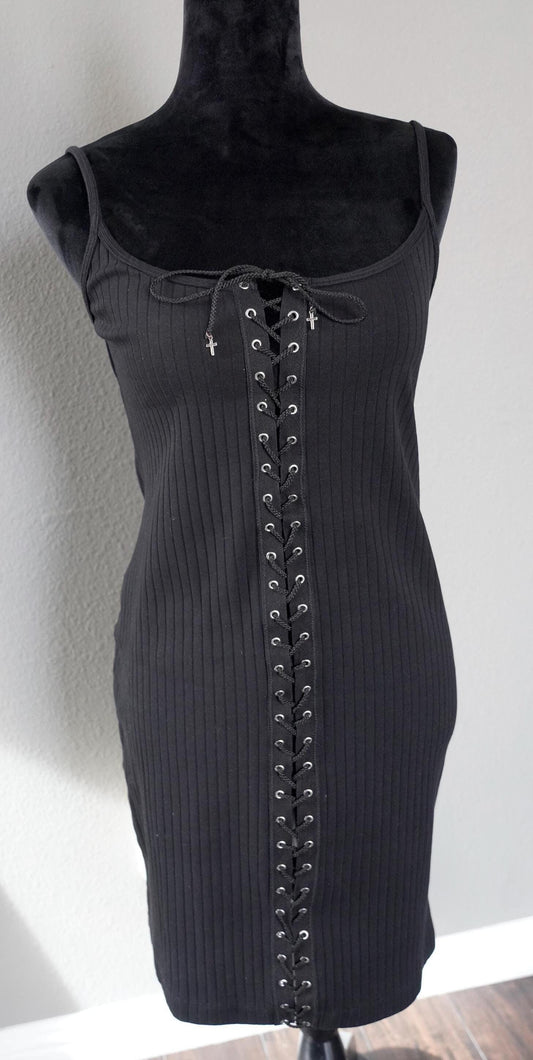 Olivia Paige -  Skinny Mid dress with front lace up Cross Charms