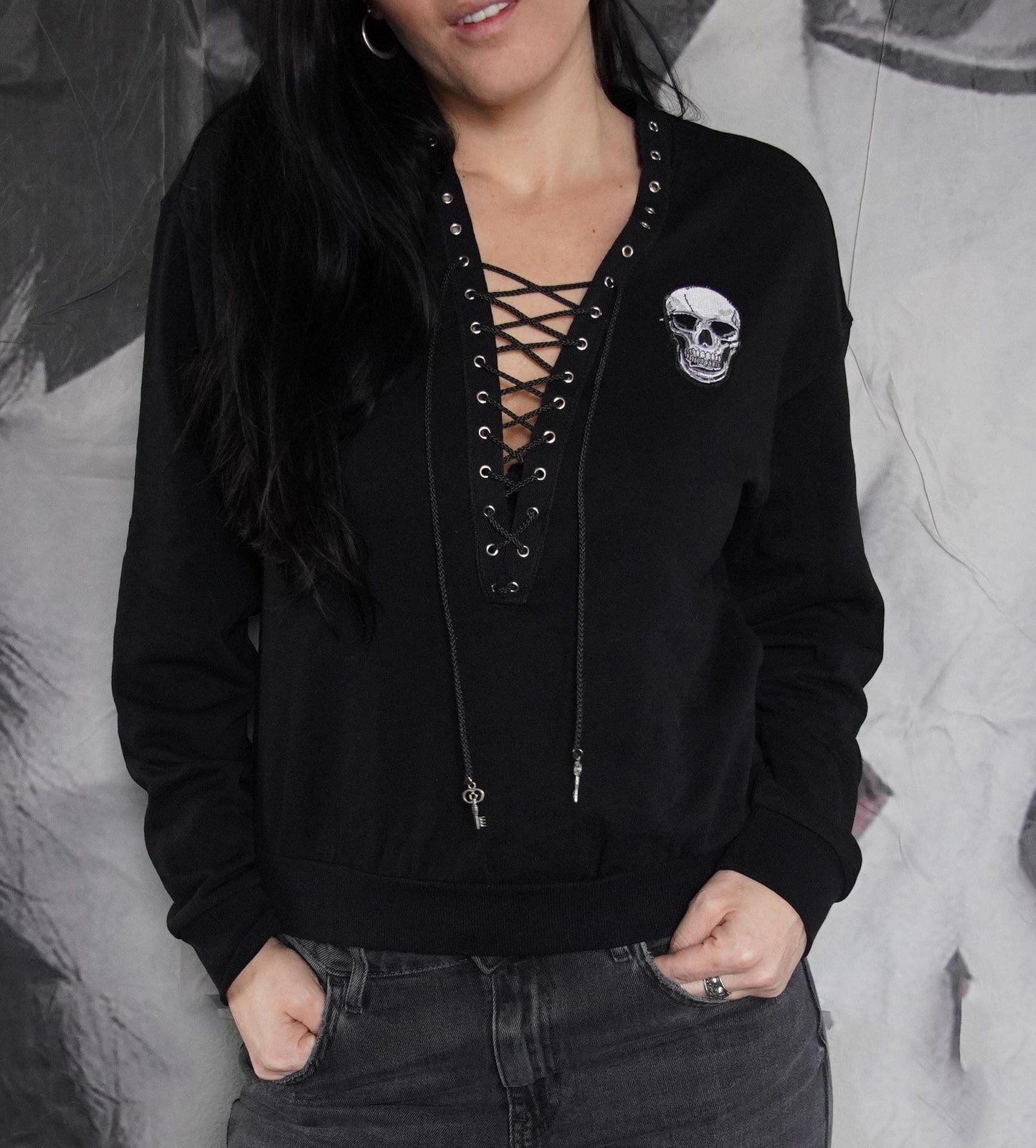 Olivia Paige -Sweatshirt Skull skeleton Lace up V-neck Grommets Eyelets