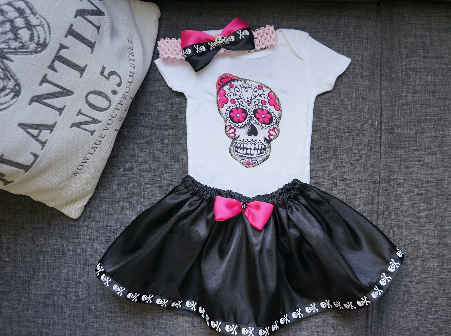 Olivia Paige - Little sugar skull rockabilly punk rock outfit bodysuit with skirt headband bow