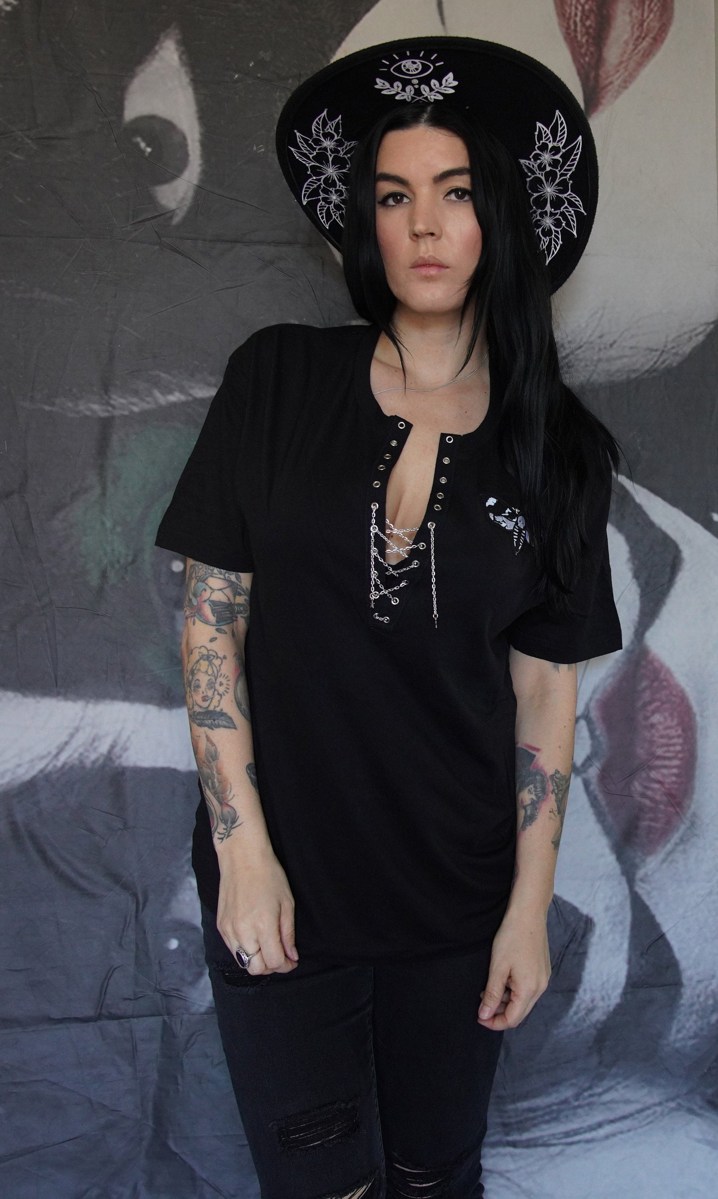 Olivia Paige -Diy top  Death Moth skull v-neck with lace up