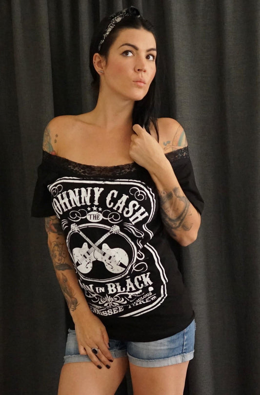Johnny Cash Band Tee: Upcycled Lace-Up Concert Shirt