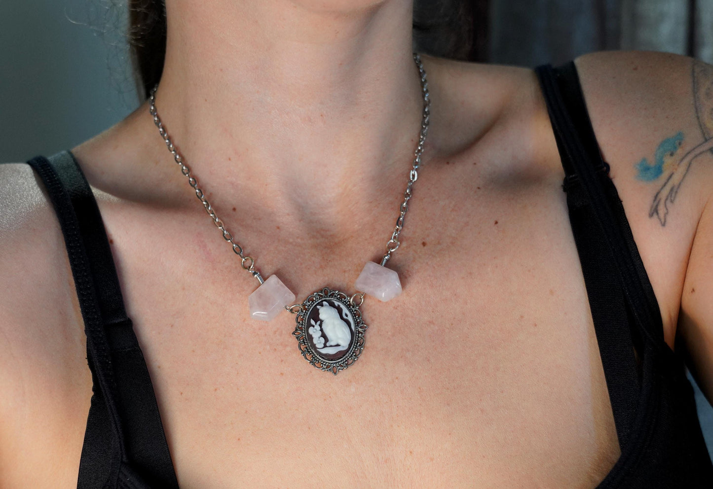 Cameo Cat Rose Quartz Necklace: Silver Skeleton Gemstone Jewelry