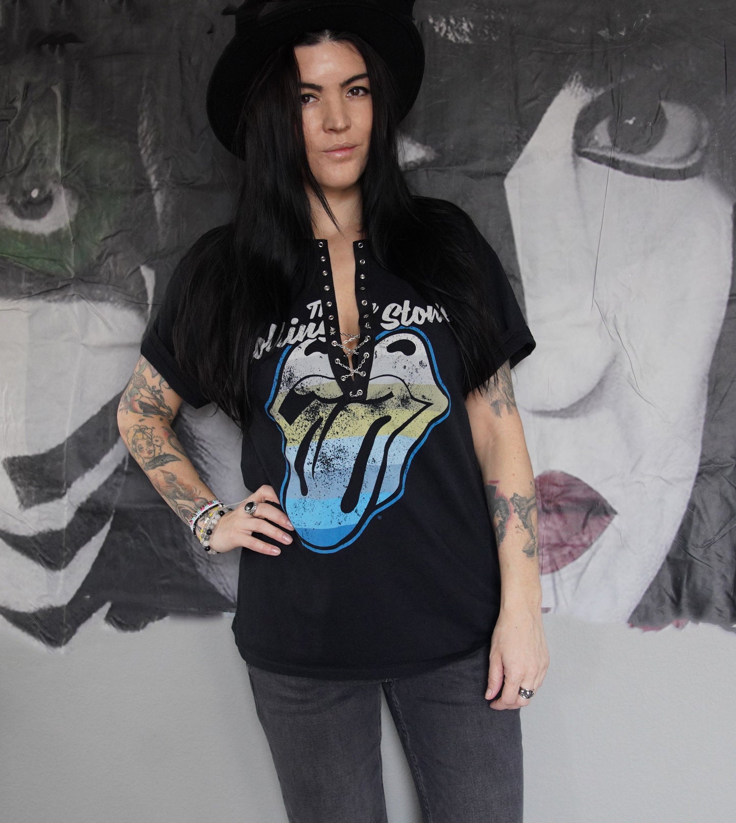 Rolling Stones Lace-Up Band Tee: Upcycled Concert T-Shirt