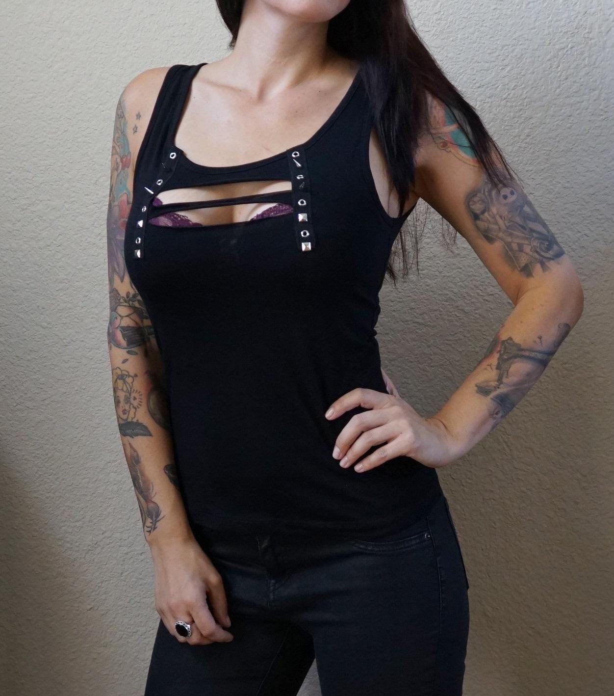 Olivia Paige Clothing -Front Eyelet  lace up tank top goth gothic studs