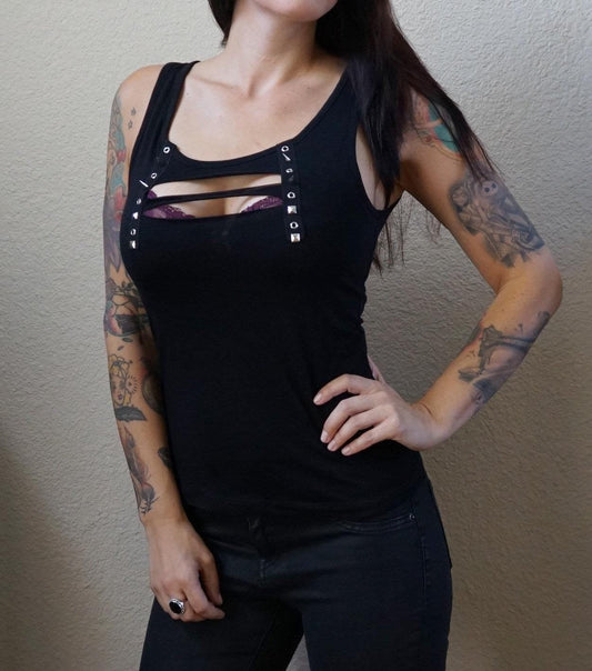 Olivia Paige Clothing -Front Eyelet  lace up tank top goth gothic studs