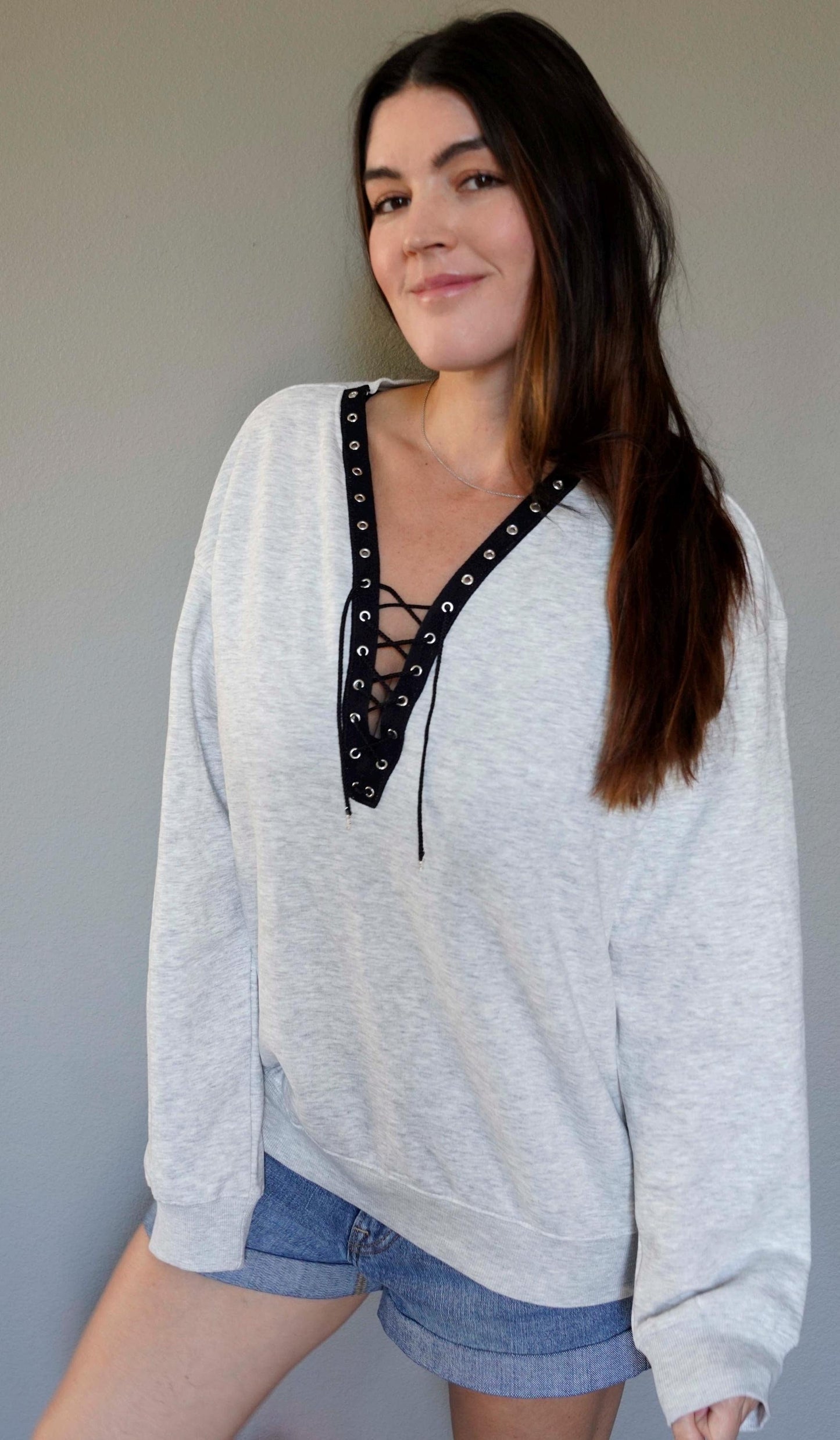 Olivia Paige - Oversized  Sweatshirt Hoodie Lace up Grommets Eyelets V-neck