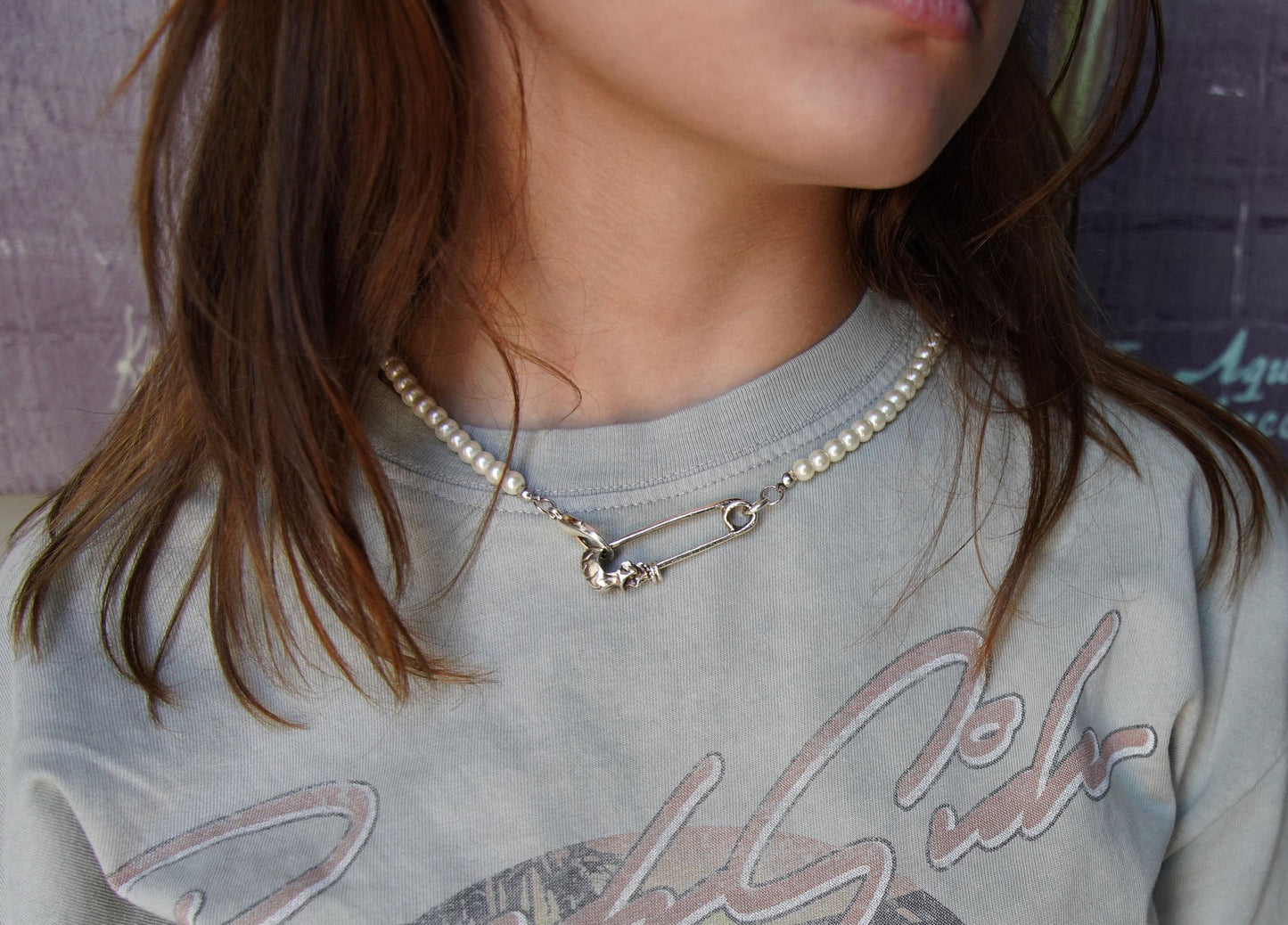 Olivia Paige -Safety pin Pearl Skull skeleton  Necklace Goth
