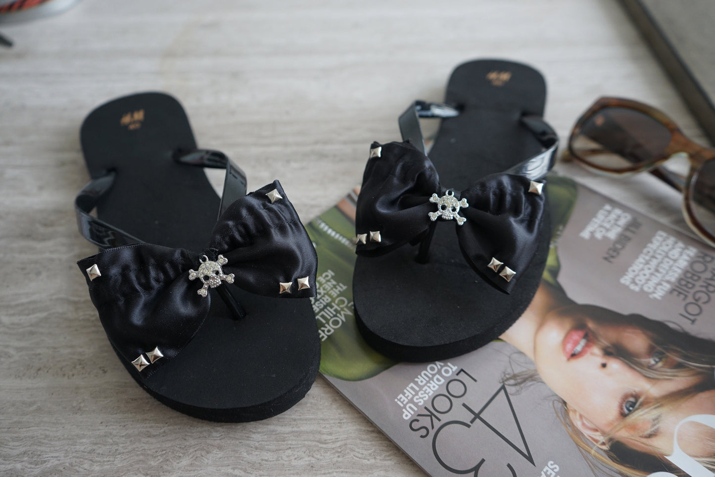 Olivia Paige - Sugar skull stud pyramids Harley skull skulls rockabilly Flip flops with bows
