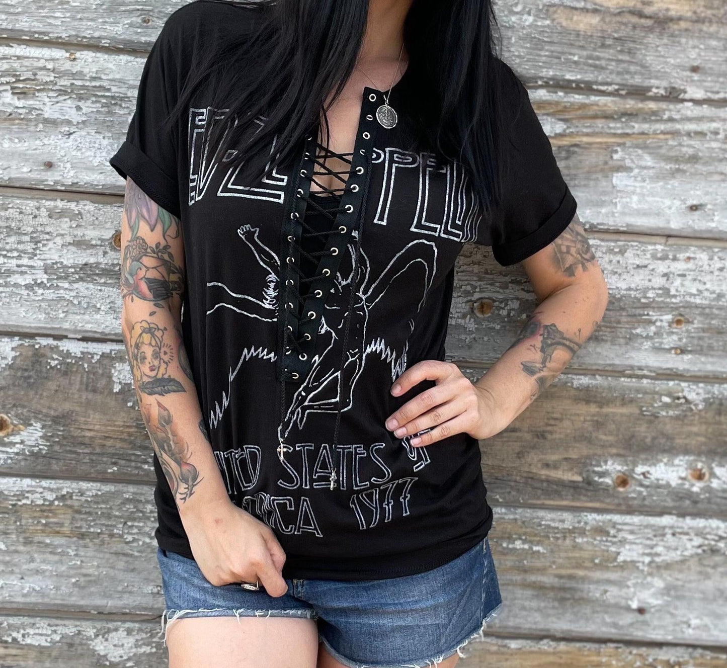 Led Zeppelin Lace-Up Band Tee: Upcycled Concert T-Shirt