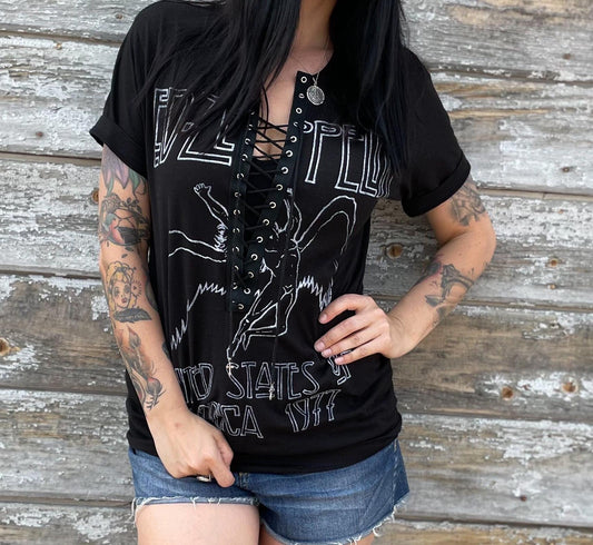 Led Zeppelin Lace-Up Band Tee: Upcycled Concert T-Shirt