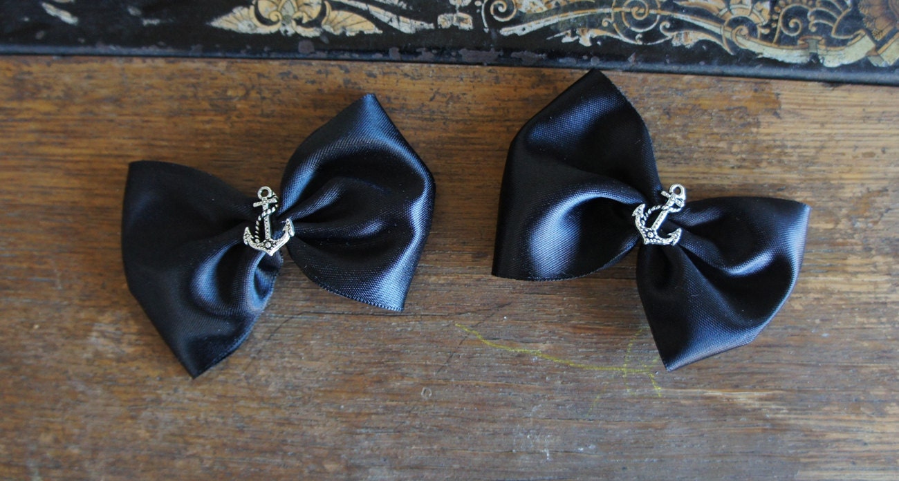 Olivia Paige -Black satin Anchor  Bows  shoe Clips   Pin up Sailor