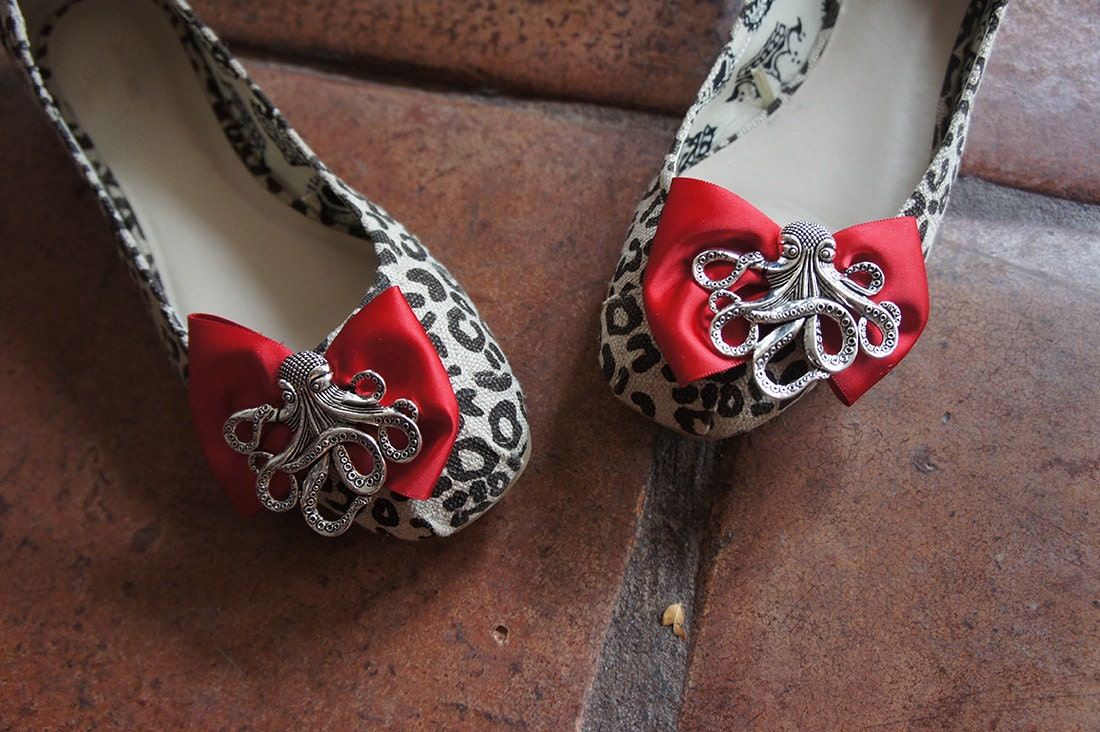 Olivia Paige -Red satin Bows Octopus Leopard SHOE CLIPS  Rockabilly Pin up