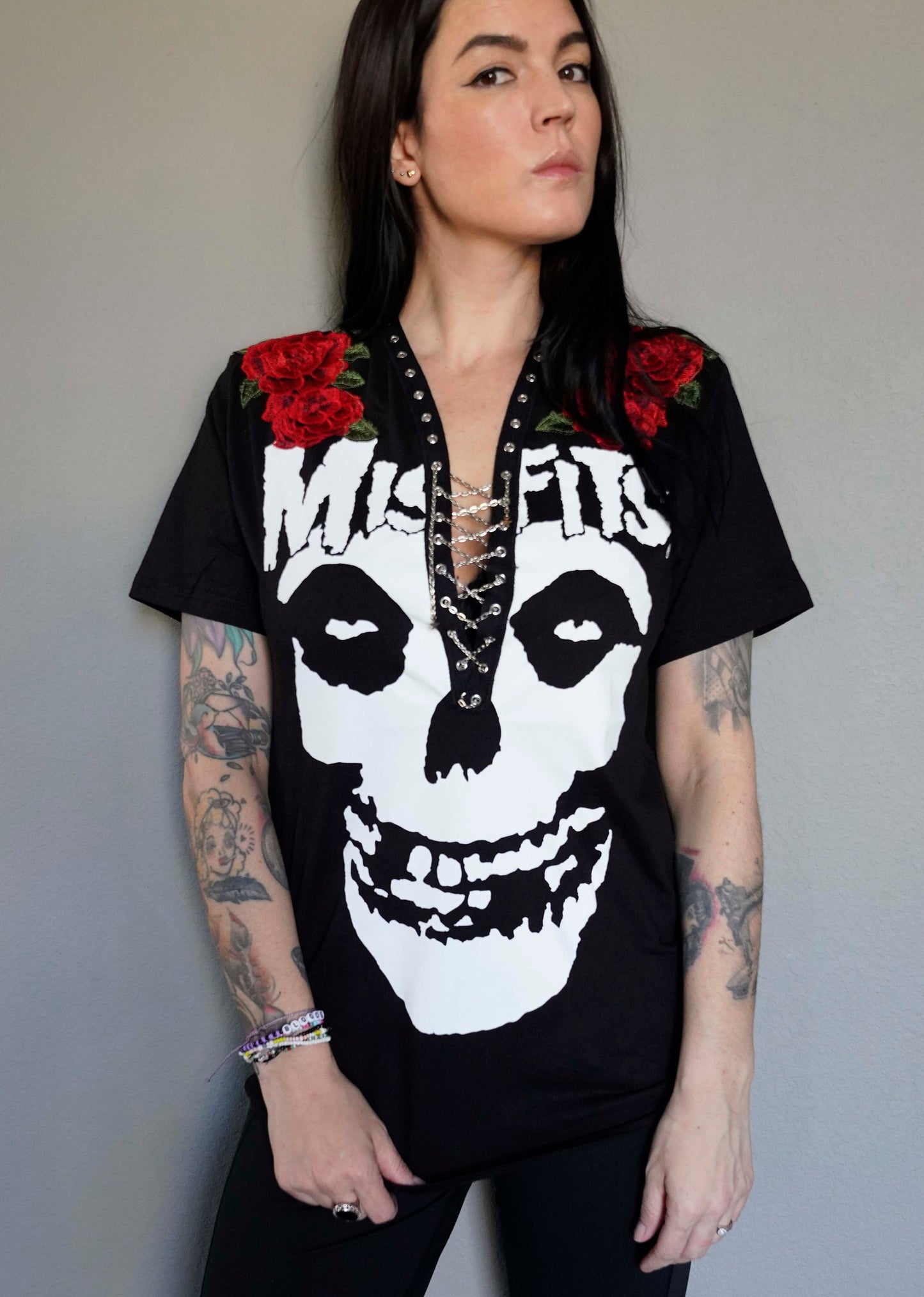 Misfits Lace-Up Band Tee with Roses: Upcycled Concert Shirt