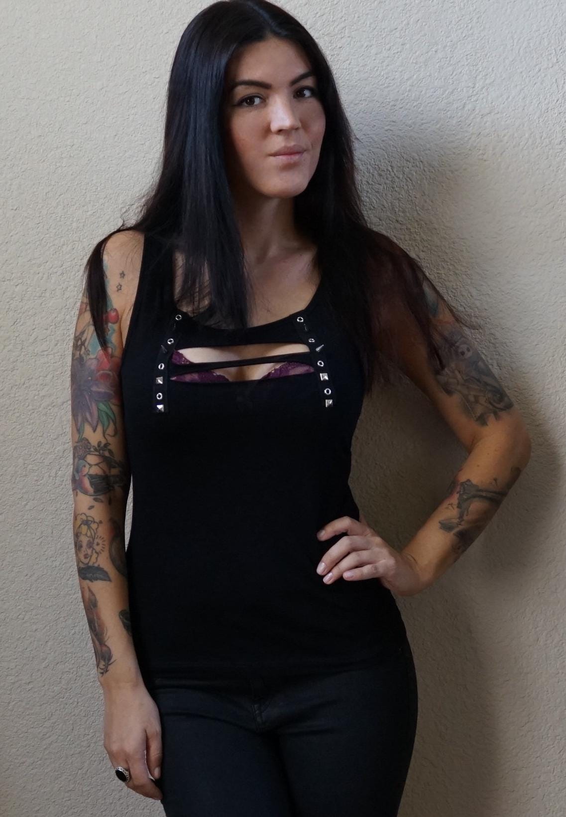 Olivia Paige Clothing -Front Eyelet  lace up tank top goth gothic studs