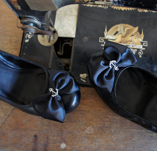 Olivia Paige -Black satin Anchor  Bows  shoe Clips   Pin up Sailor