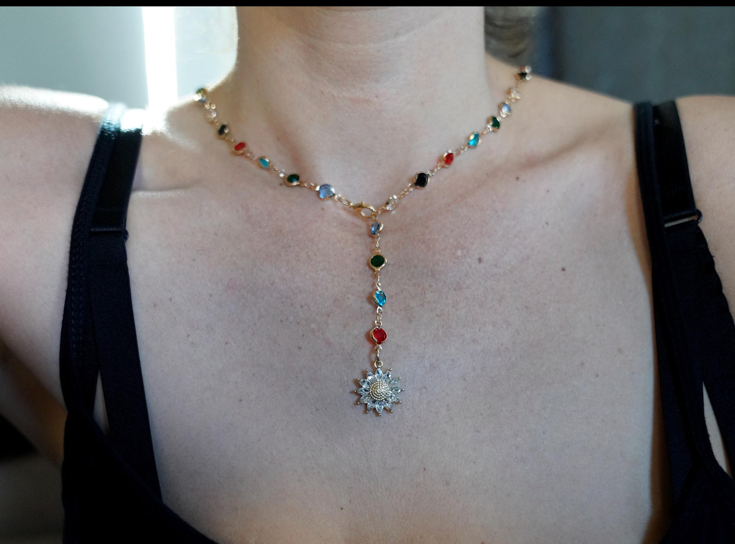Olivia Paige -Bohemian Boho romantic flower Sunflower necklace with small colors glass