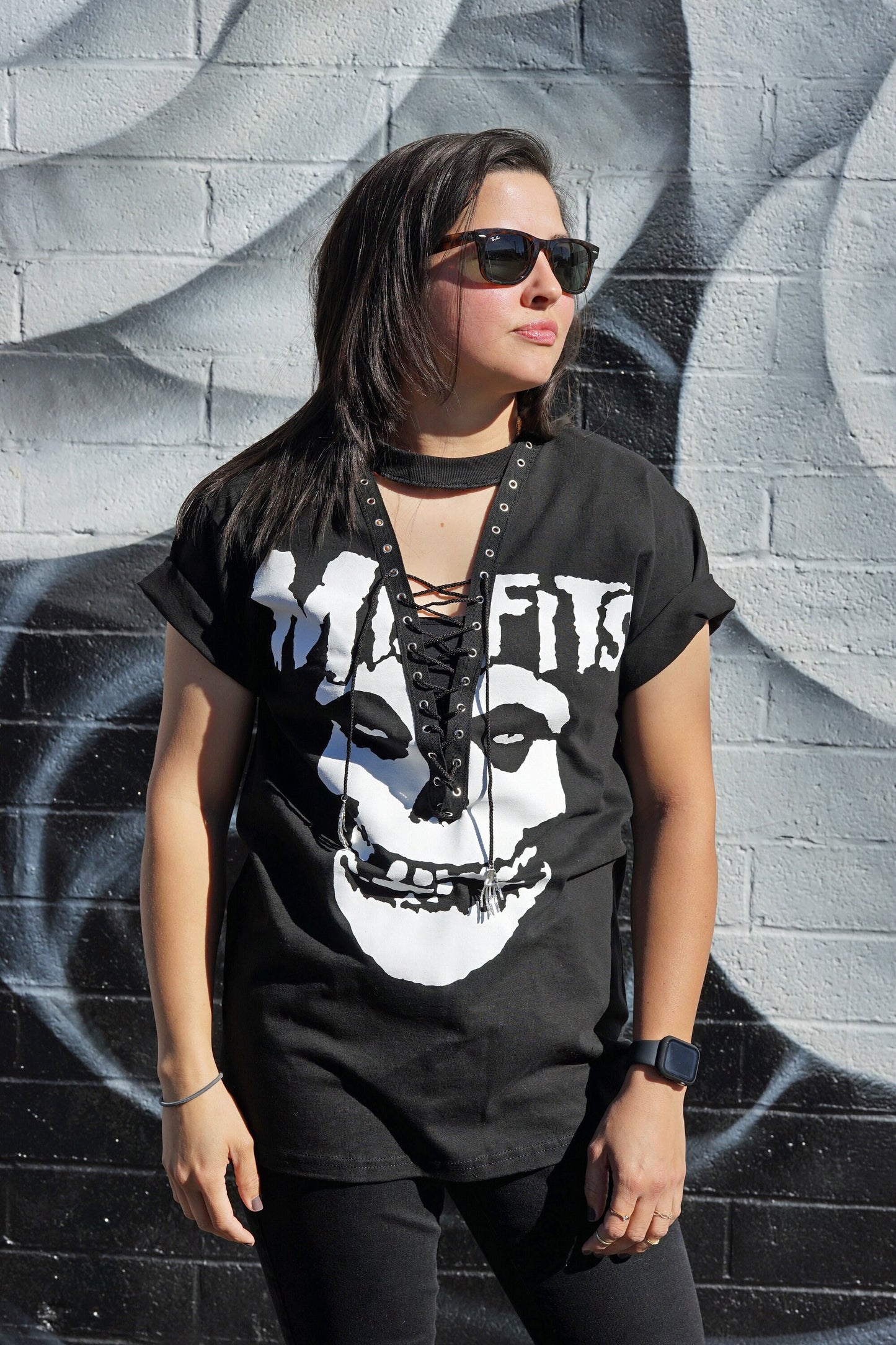 The Misfits Lace-Up Top: Upcycled Gothic Band Shirt