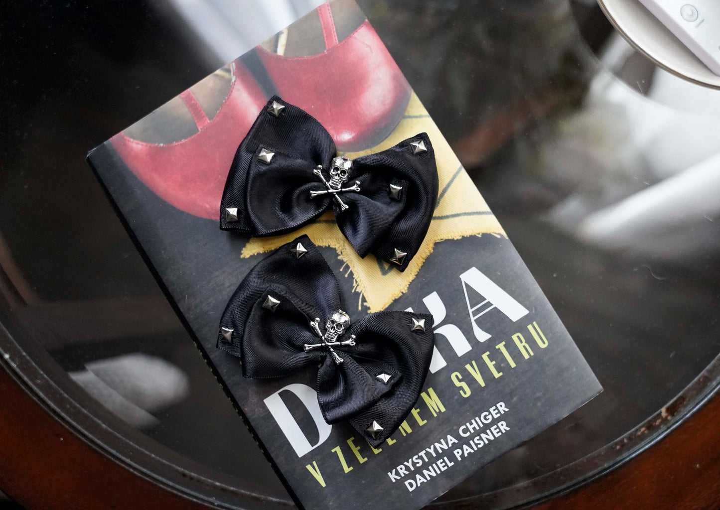 Black Satin Bow Shoe Clips: Sugar Skull Studded Punk Rock
